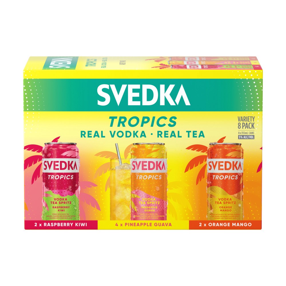 slide 1 of 8, SVEDKA Tropics Variety Pack Vodka Tea Spritz Canned Cocktail, 8 pk 355 mL Cans, 5% ABV, 96.03 fl oz