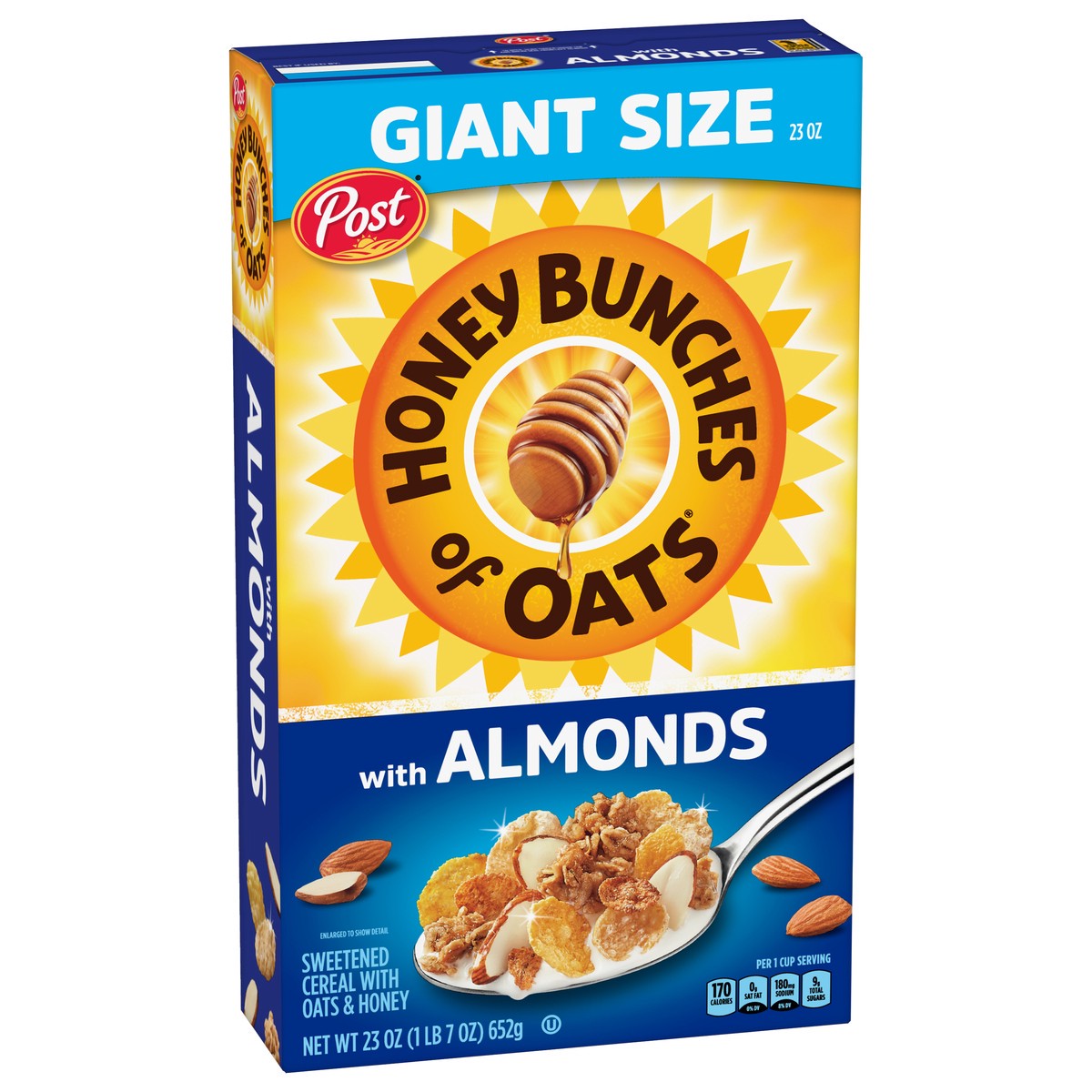 slide 7 of 9, Post Honey Bunches of Oats with Almonds, Heart Healthy, Low Fat, made with Whole Grain Cereal, 23 Ounce, 23 oz