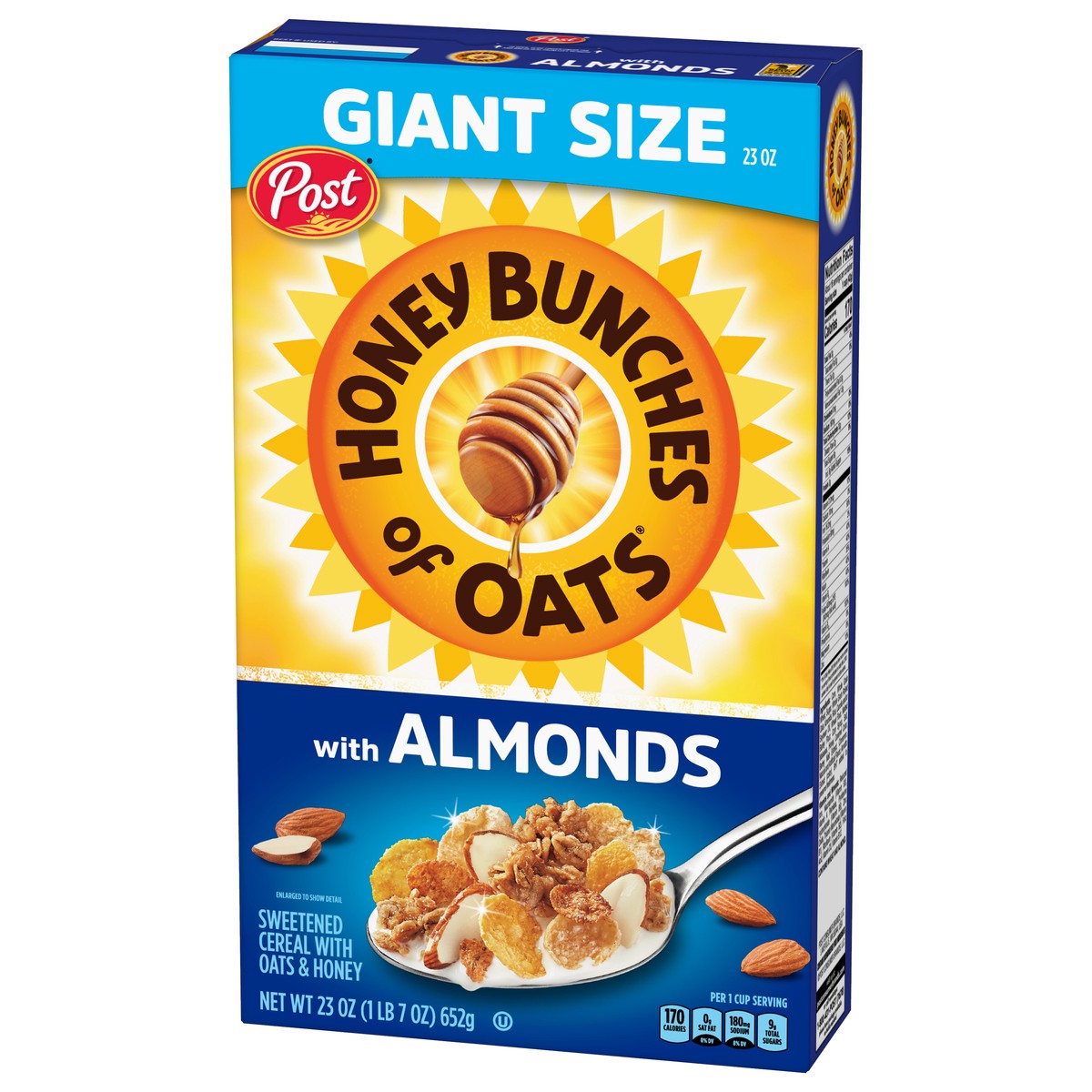 slide 3 of 9, Post Honey Bunches of Oats with Almonds, Heart Healthy, Low Fat, made with Whole Grain Cereal, 23 Ounce, 23 oz