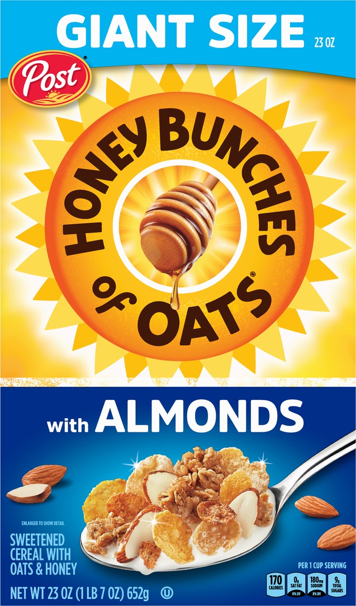 slide 2 of 9, Post Honey Bunches of Oats with Almonds, Heart Healthy, Low Fat, made with Whole Grain Cereal, 23 Ounce, 23 oz
