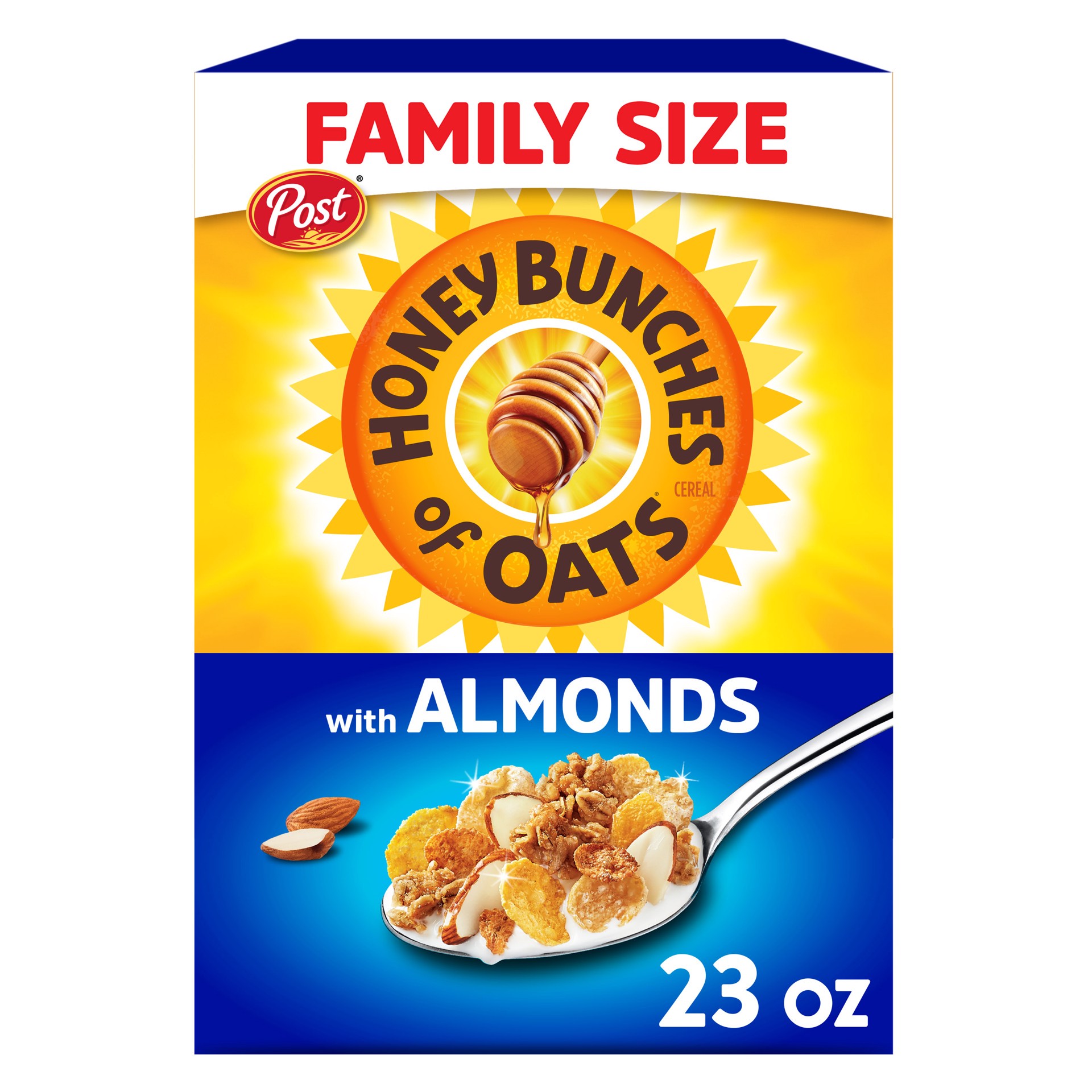 slide 1 of 9, Post Honey Bunches of Oats with Almonds, Heart Healthy, Low Fat, made with Whole Grain Cereal, 23 Ounce, 23 oz