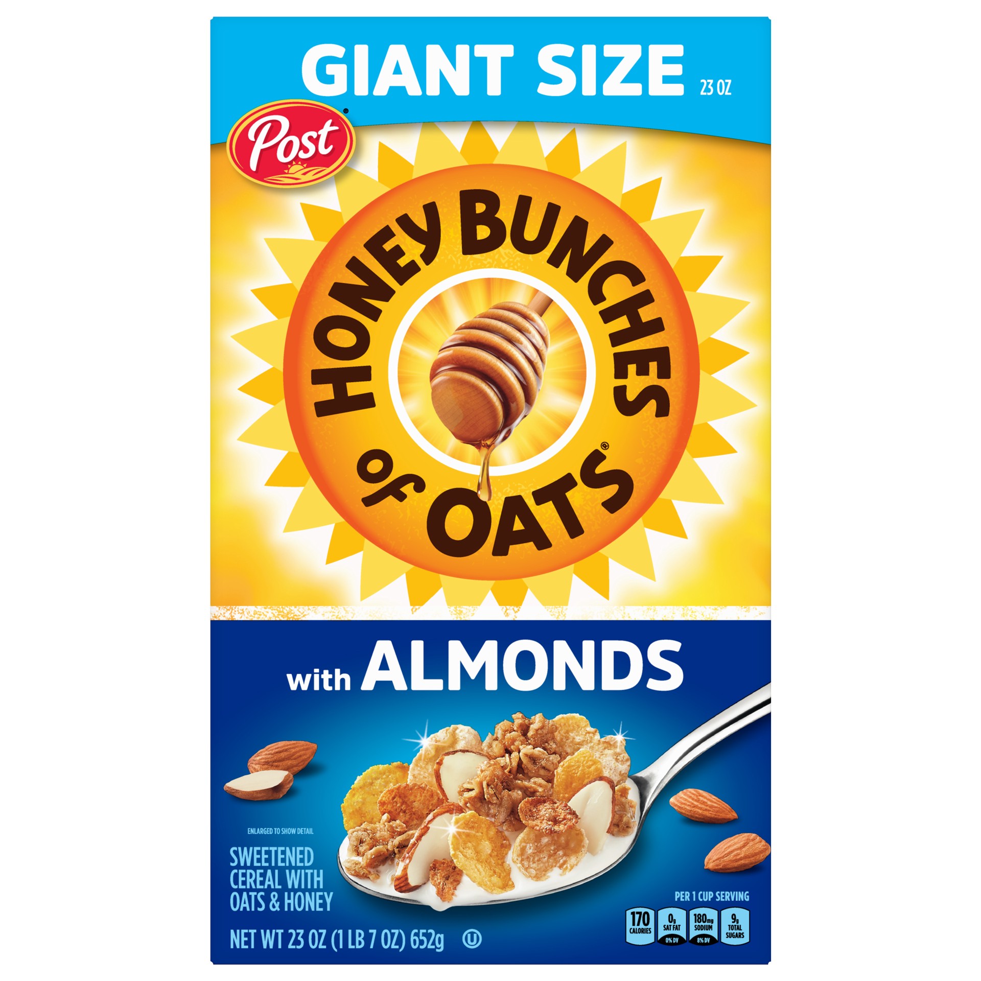 slide 1 of 9, Post Honey Bunches of Oats with Almonds, Heart Healthy, Low Fat, made with Whole Grain Cereal, 23 Ounce, 23 oz