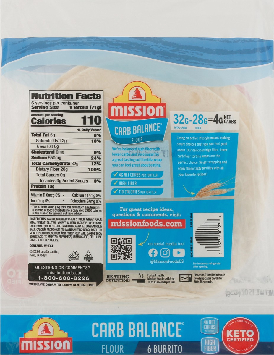slide 4 of 12, Mission Carb Balance Super Soft Flour Tortilla Wraps 6 ea, 6 ct