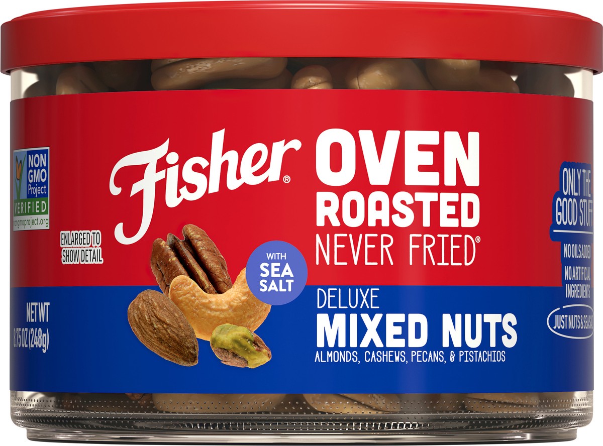 slide 7 of 15, Fisher Oven Roasted Never Fried Deluxe Mixed Nuts with Sea Salt 8.75 oz, 8.75 oz