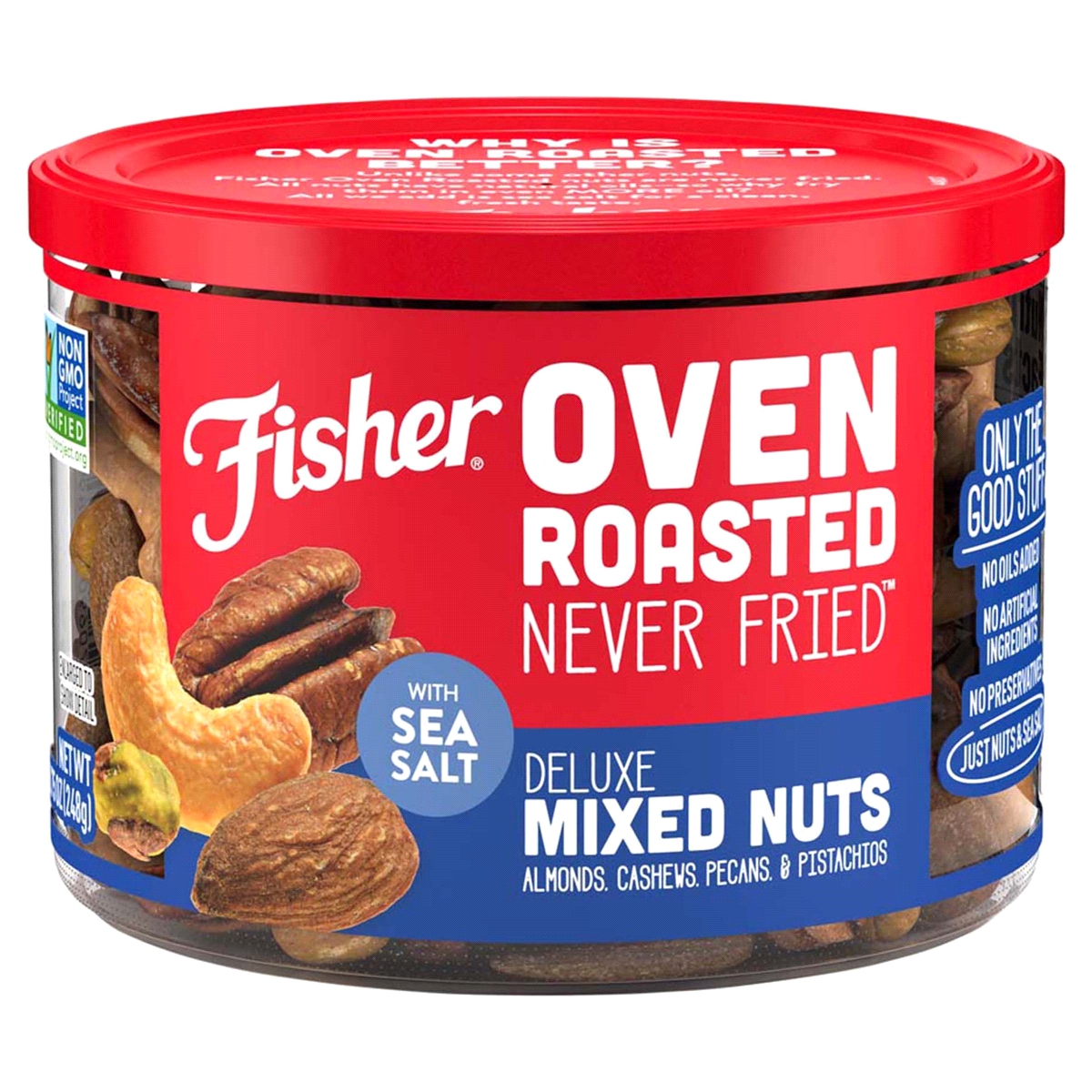 slide 1 of 7, Fisher Oven Roasted Never Fried Deluxe Mixed Nuts With Sea Salt, 8.75 oz