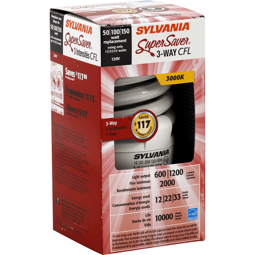 slide 1 of 2, Sylvania Super Saver Energy Efficient 600-1200-2000 Watt 3-Way CFL Light Bulb, 1 ct