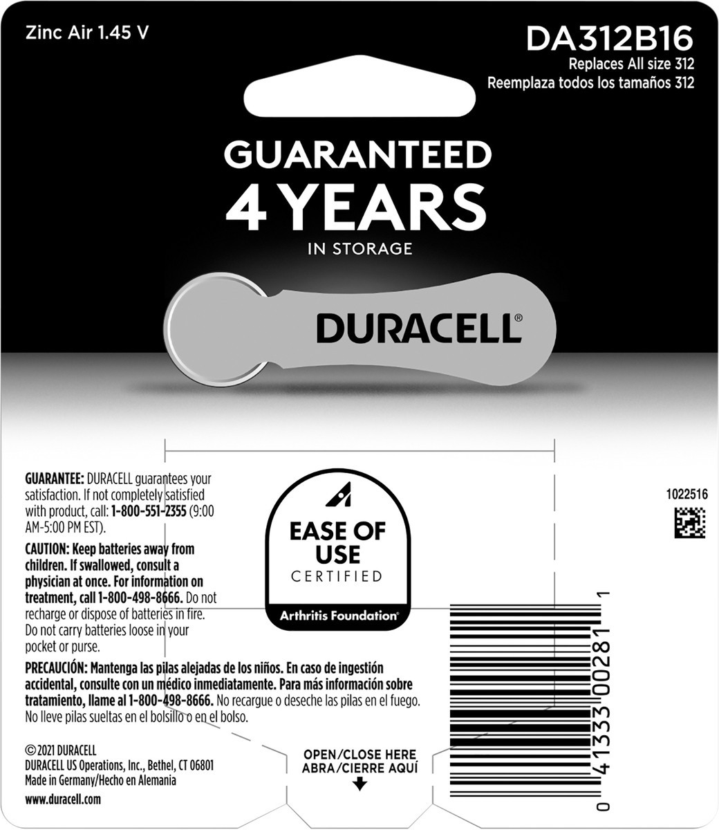 slide 2 of 3, Duracell Size 312 Hearing Aid Batteries, 16/Pack, 16 ct