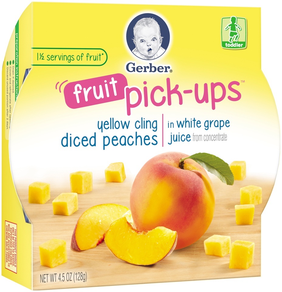 slide 1 of 1, Gerber Graduates Fruit Pick-Ups Yellow Cling Diced Peaches Sleeve, 4.5 oz