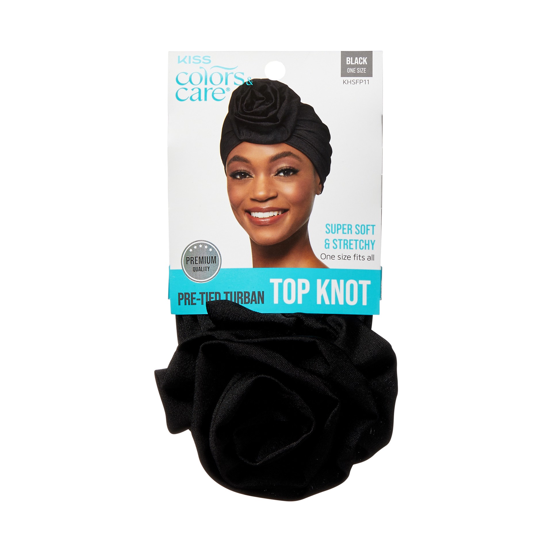 slide 1 of 5, KISS COLORS & CARE KISS Top Knot Pre-Tied Hair Wrap Turban, Black, 1 Count, 1 ct