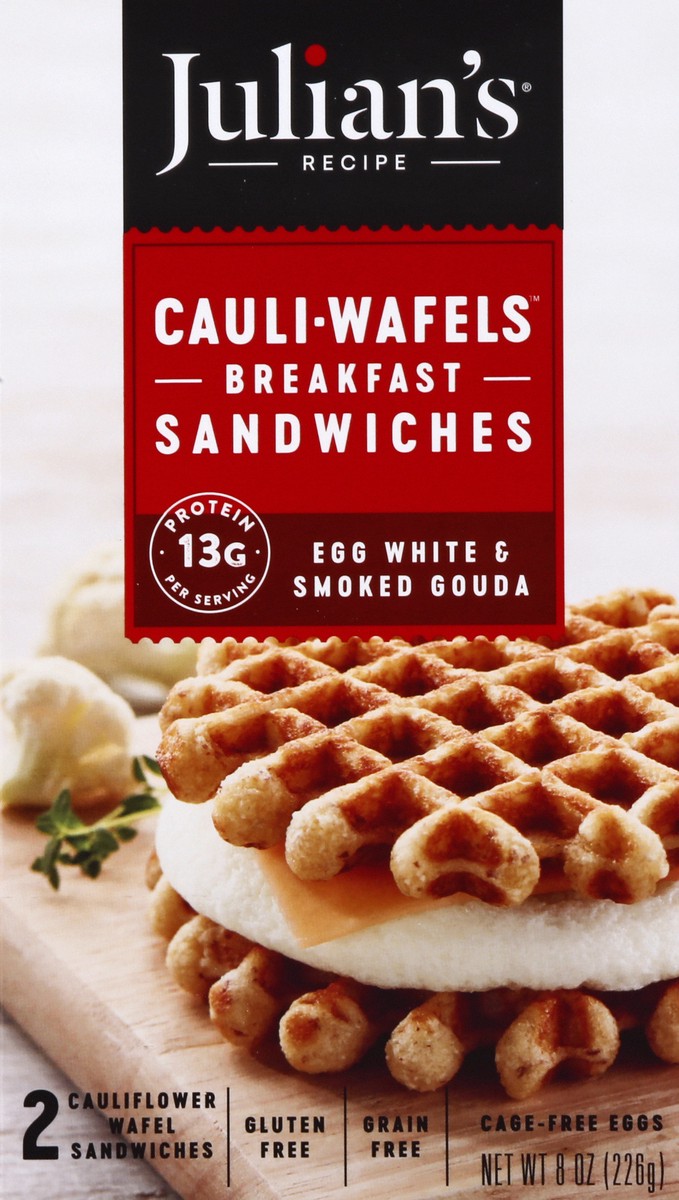 slide 13 of 13, Julian's Recipe Cauli Wafels Egg White And Smoked Gouda Breakfast Sandwich, 8 oz