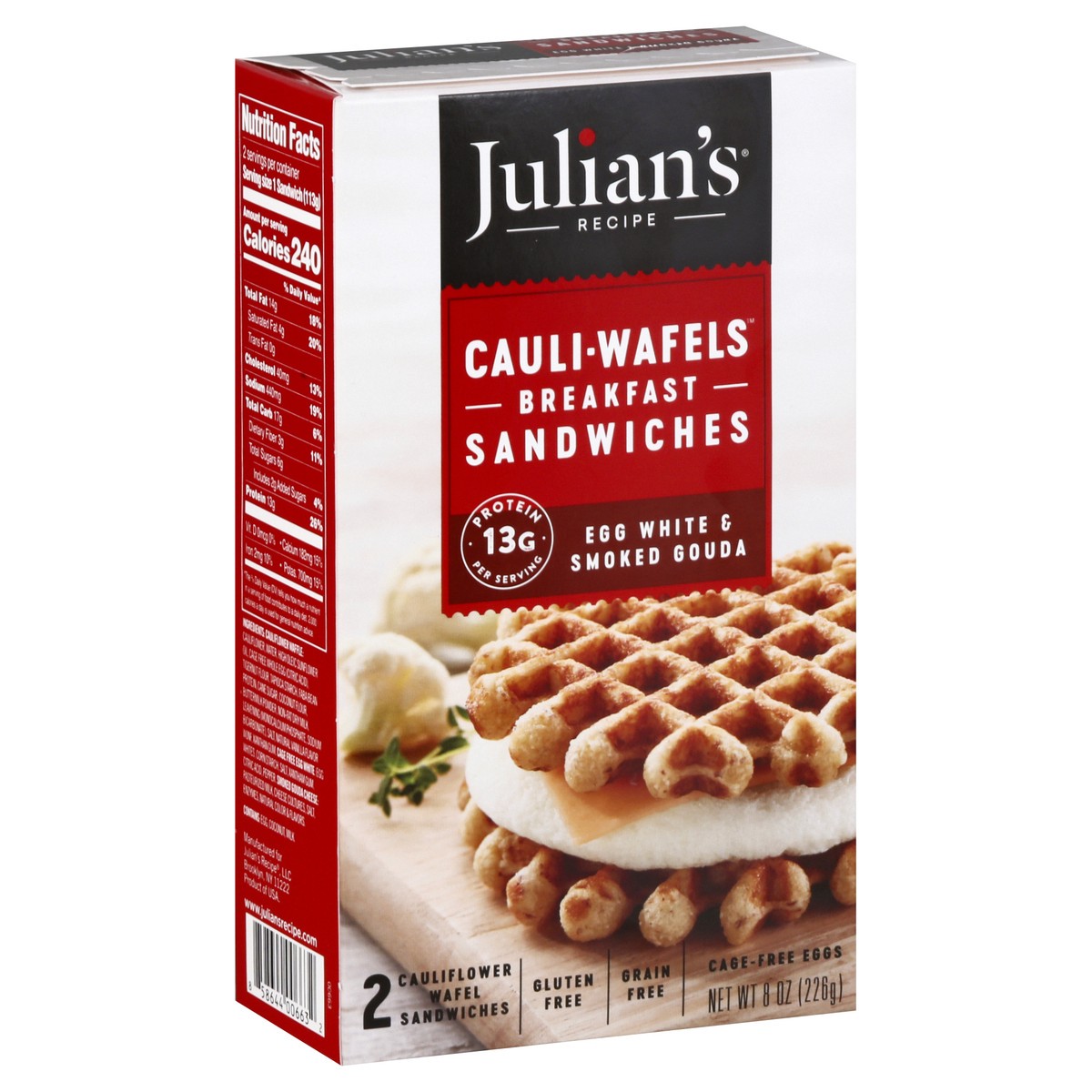 slide 9 of 13, Julian's Recipe Cauli Wafels Egg White And Smoked Gouda Breakfast Sandwich, 8 oz