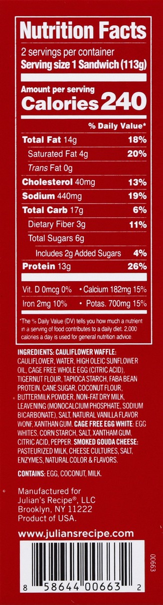 slide 10 of 13, Julian's Recipe Cauli Wafels Egg White And Smoked Gouda Breakfast Sandwich, 8 oz