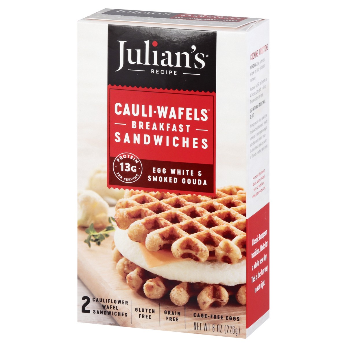 slide 11 of 13, Julian's Recipe Cauli Wafels Egg White And Smoked Gouda Breakfast Sandwich, 8 oz