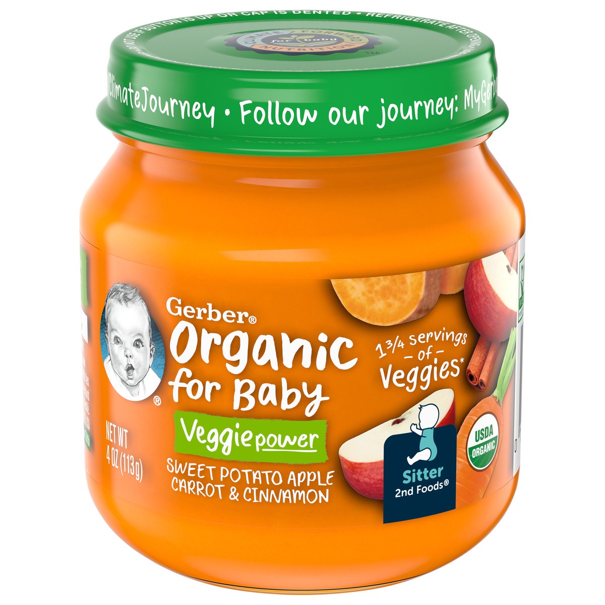 slide 4 of 9, Gerber Organic Stage 2 Baby Food, Sweet Potato Apple Carrot Cinnamon Puree, 4 oz, Jar, 4 oz