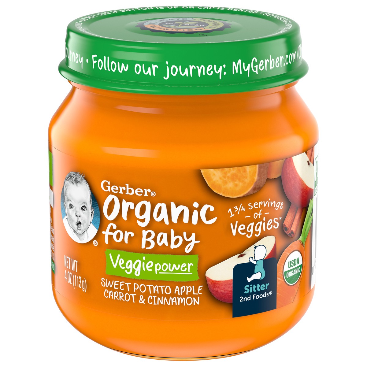 slide 3 of 9, Gerber Organic Stage 2 Baby Food, Sweet Potato Apple Carrot Cinnamon Puree, 4 oz, Jar, 4 oz