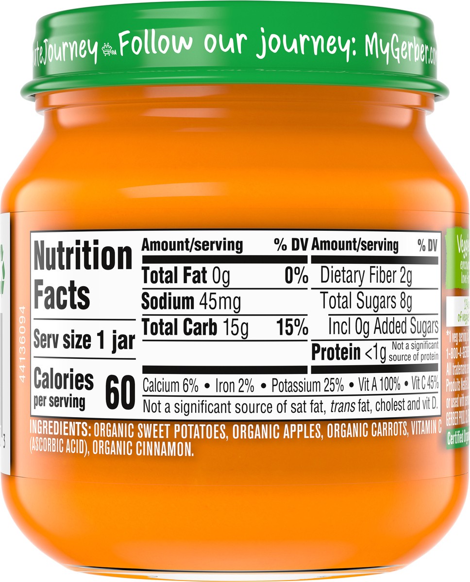 slide 5 of 9, Gerber Organic Stage 2 Baby Food, Sweet Potato Apple Carrot Cinnamon Puree, 4 oz, Jar, 4 oz