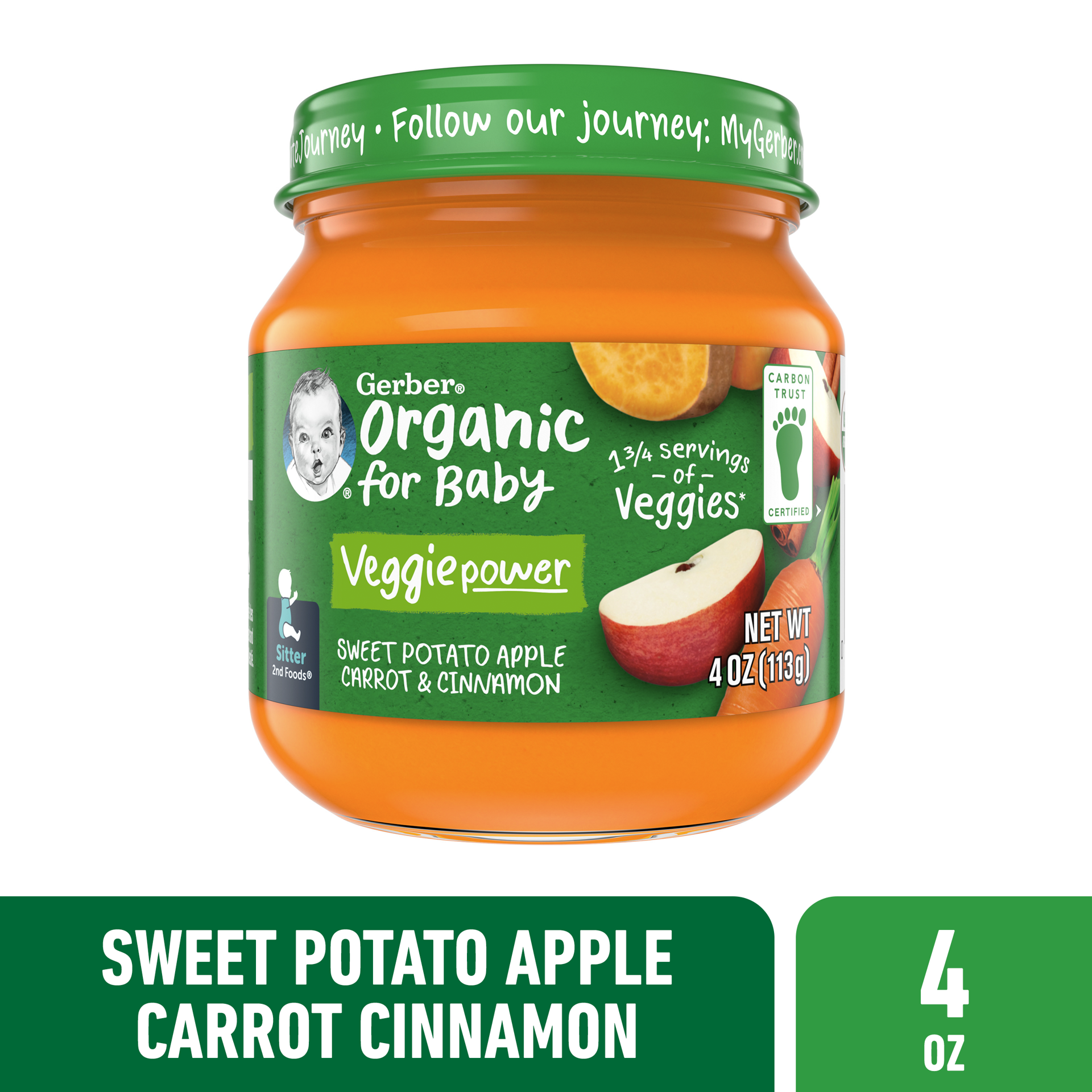 slide 1 of 9, Gerber Organic Stage 2 Baby Food, Sweet Potato Apple Carrot Cinnamon Puree, 4 oz, Jar, 4 oz