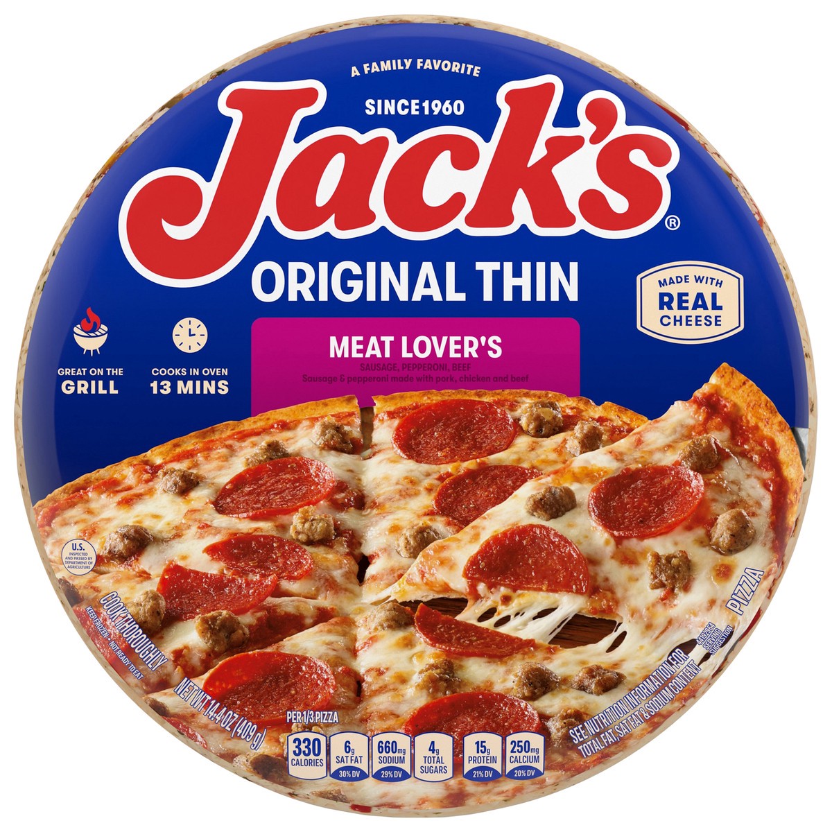 slide 1 of 24, Jack's Thin Crust Meat Lover's Frozen Pizza, 14.43 oz