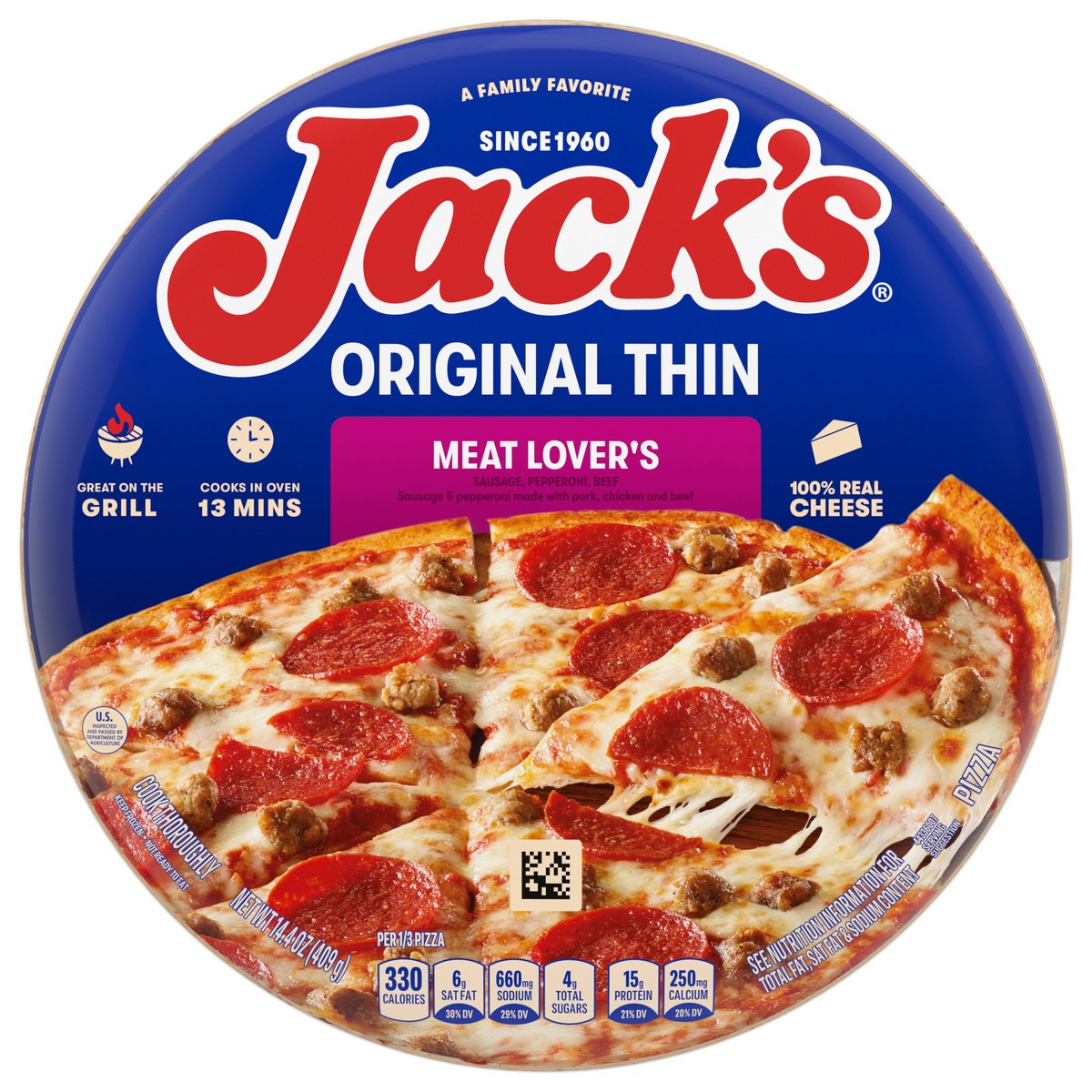 slide 1 of 24, Jack's Jack’s Frozen Pizza, Original Thin Crust Meat Lover’s Pizza, Beef, Sausage, Pepperoni Pizza, 12in,14.4oz (Frozen), 14.4 oz