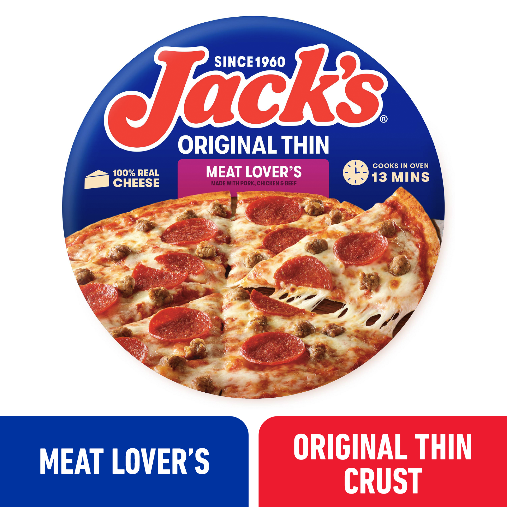 slide 1 of 24, Jack's Jack''s Frozen Pizza, Original Thin Crust Meat Lover''s Pizza, Beef, Sausage, Pepperoni Pizza, 12in,14.4oz (Frozen), 14.4 oz