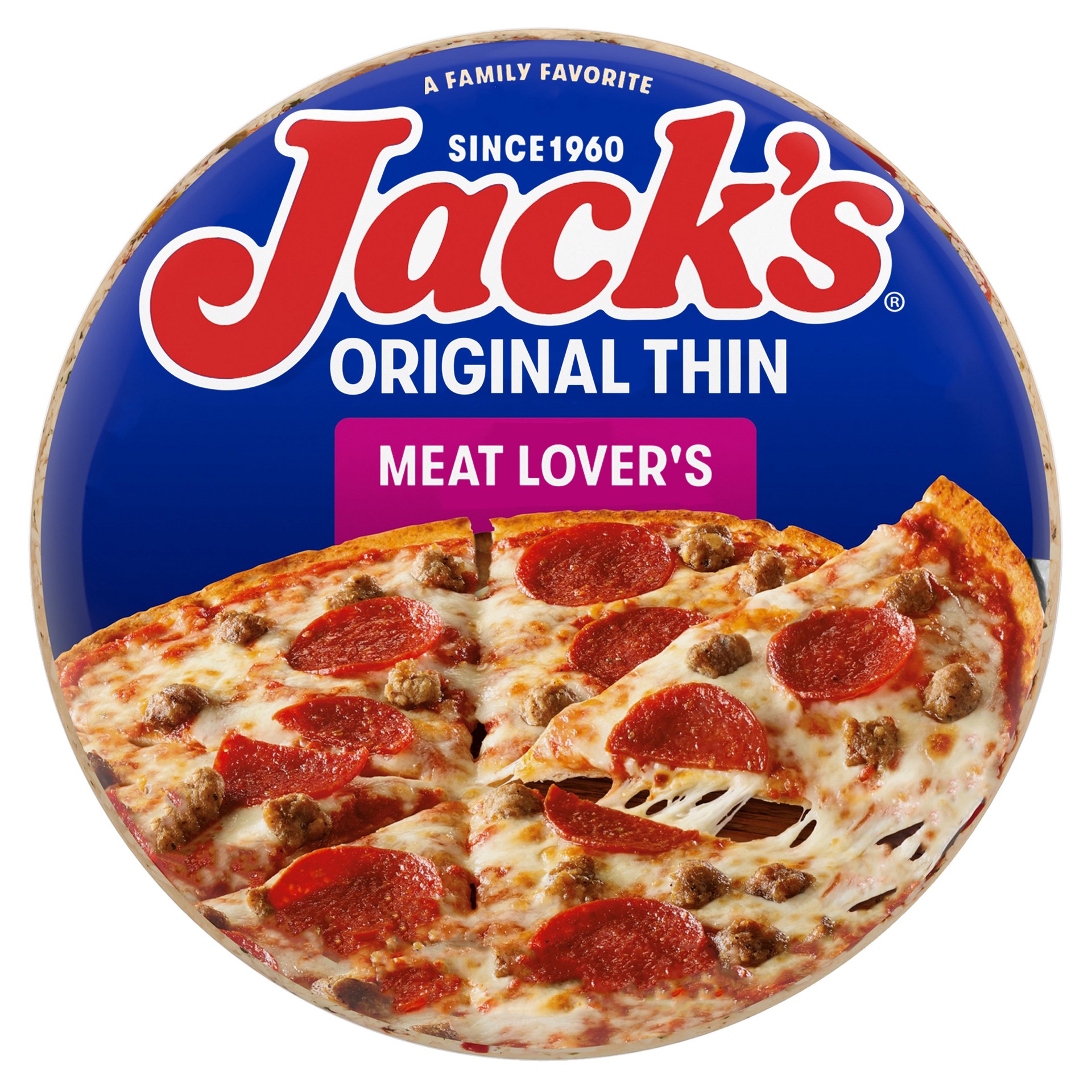 slide 1 of 24, Jack's Thin Crust Meat Lover's Frozen Pizza, 14.4 oz