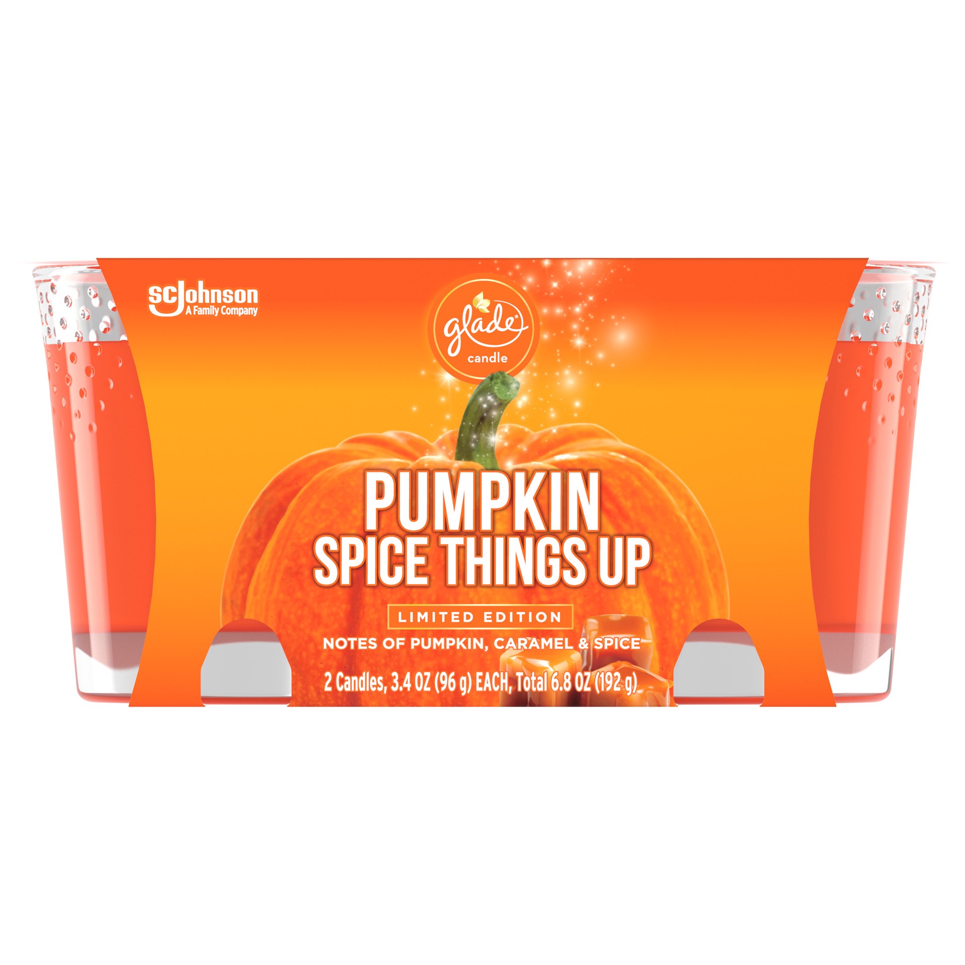 slide 1 of 9, Glade Candle, Pumpkin Spice Things Up, Twin Scented Candle, 2 x 3.4 oz, 6.8 oz