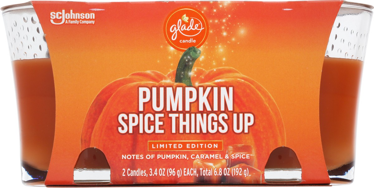 slide 5 of 9, Glade Candle, Pumpkin Spice Things Up, Twin Scented Candle, 2 x 3.4 oz, 6.8 oz