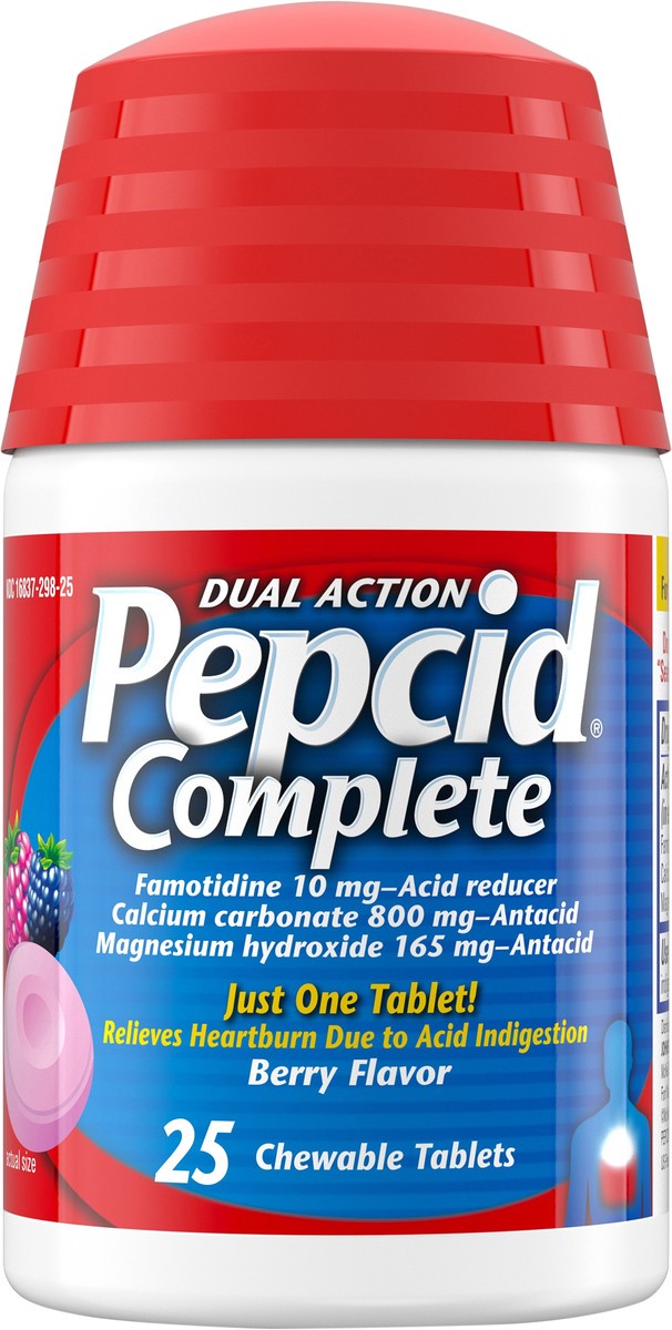 slide 3 of 12, Pepcid Complete Acid Reducer + Antacid Chewables, 10 mg Famotidine, 800 mg Calcium Carbonate & 165 mg Magnesium Hydroxide per Tablet, Acid Reducer + Antacid Chews for Heartburn, Berry, 25 Ct, 25 ct