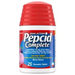 Pepcid Complete Acid Reducer + Antacid Chewables, 10 mg Famotidine, 800 mg Calcium Carbonate & 165 mg Magnesium Hydroxide per Tablet, Acid Reducer + Antacid Chews for Heartburn, Berry, 25 Ct