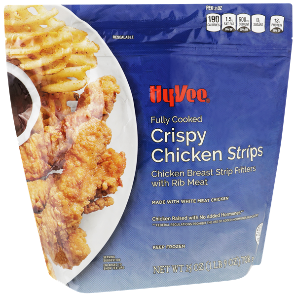 slide 1 of 1, Hy-vee Crispy Chicken Fully Cooked Chicken Breast Strip Fritters With Rib Meat, 25 oz