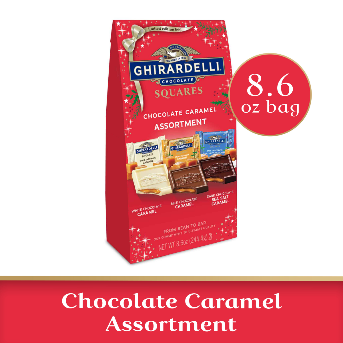 slide 1 of 11, Ghirardelli Holiday Bag Large Chocolate Caramel Assortment, 8.6 oz