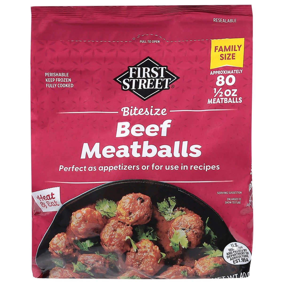 slide 1 of 14, First Street Beef Meatballs, 2.5 lb