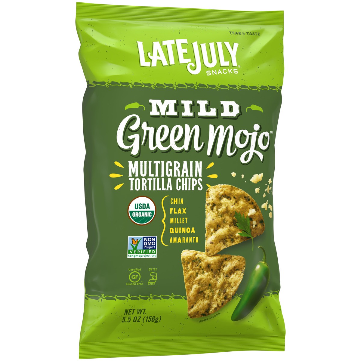 slide 8 of 9, LATE JULY Snacks Multigrain MILD Green Mojo™  Tortilla Chips, 5.5 oz. Bag, 5.5 oz