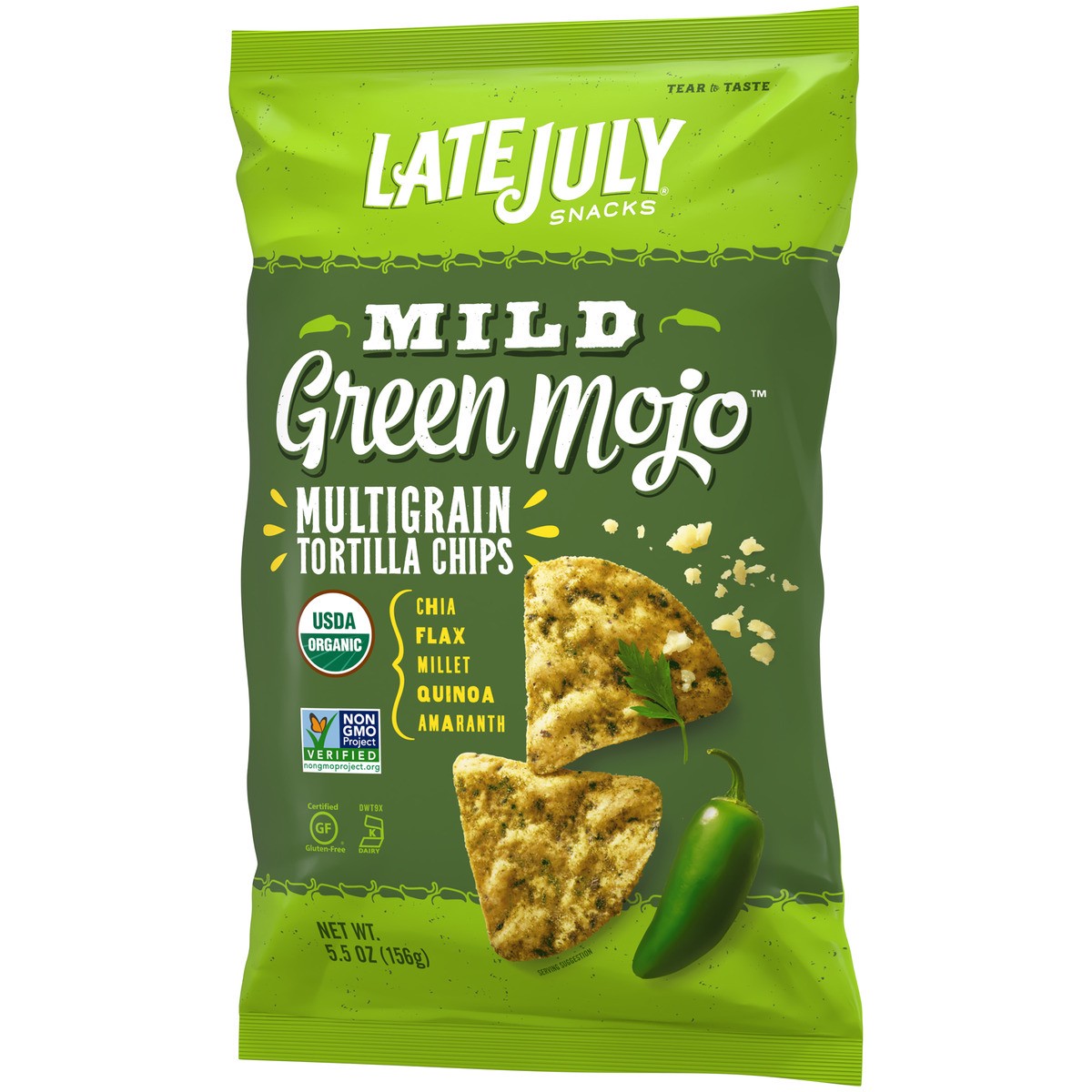 slide 4 of 9, LATE JULY Snacks Multigrain MILD Green Mojo™  Tortilla Chips, 5.5 oz. Bag, 5.5 oz