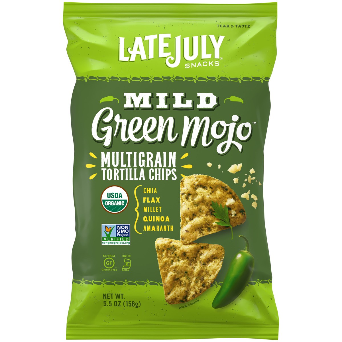 slide 6 of 9, LATE JULY Snacks Multigrain MILD Green Mojo™  Tortilla Chips, 5.5 oz. Bag, 5.5 oz