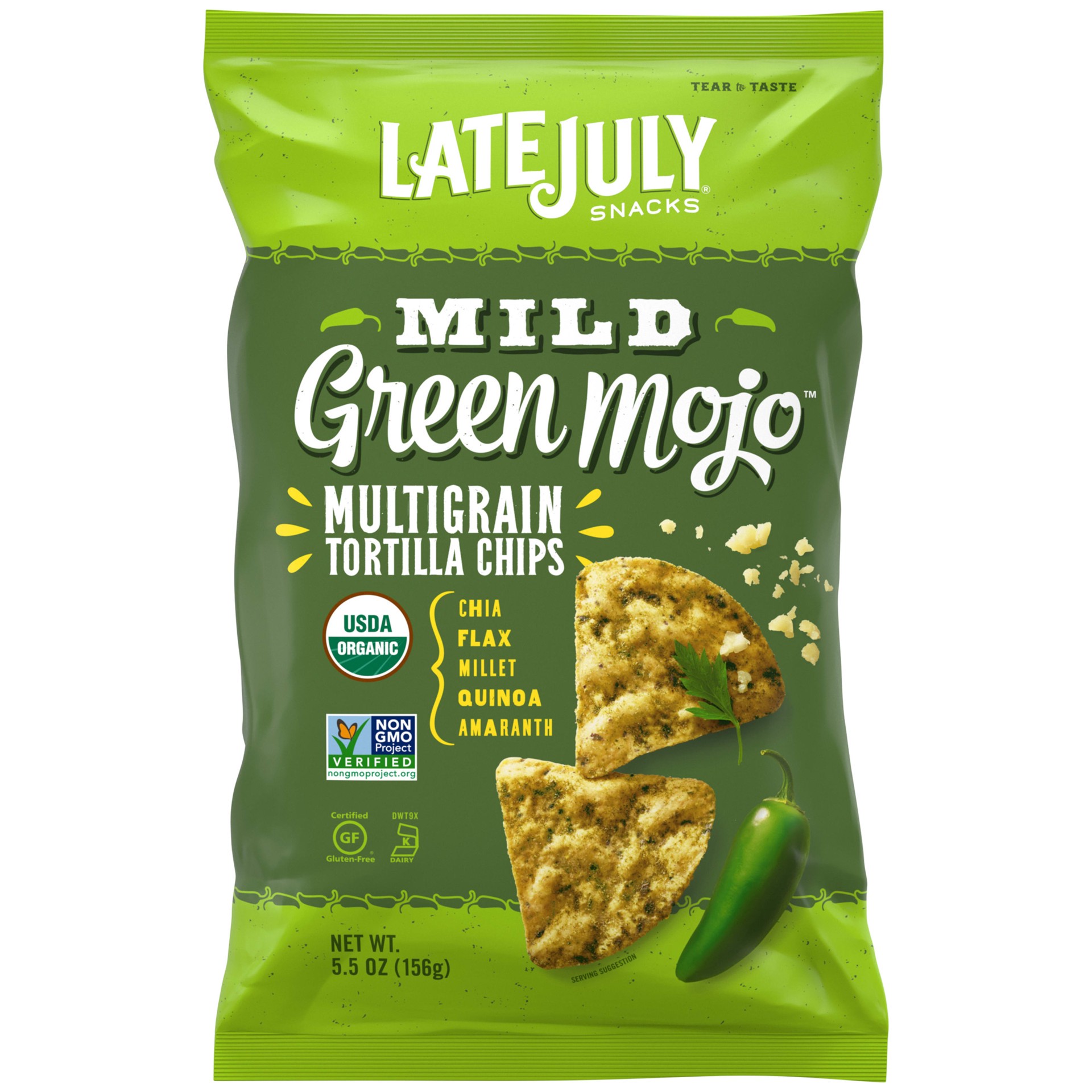 slide 1 of 9, LATE JULY Snacks Multigrain MILD Green Mojo™  Tortilla Chips, 5.5 oz. Bag, 5.5 oz