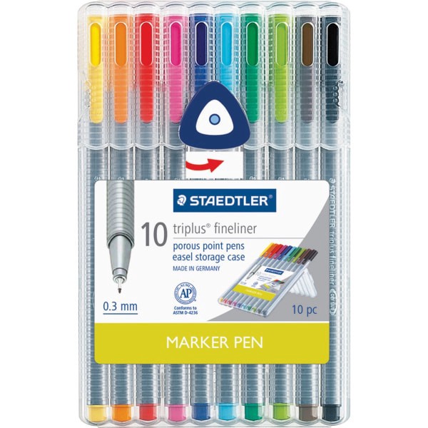 slide 2 of 4, STAEDTLER Triplus Fineliner Porous Point Pens, Fine Point, Gray Barrel, Assorted Ink Colors, Pack Of 10, 10 ct