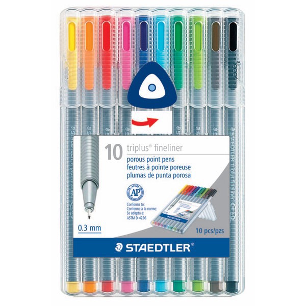 slide 1 of 4, STAEDTLER Triplus Fineliner Porous Point Pens, Fine Point, Gray Barrel, Assorted Ink Colors, Pack Of 10, 10 ct