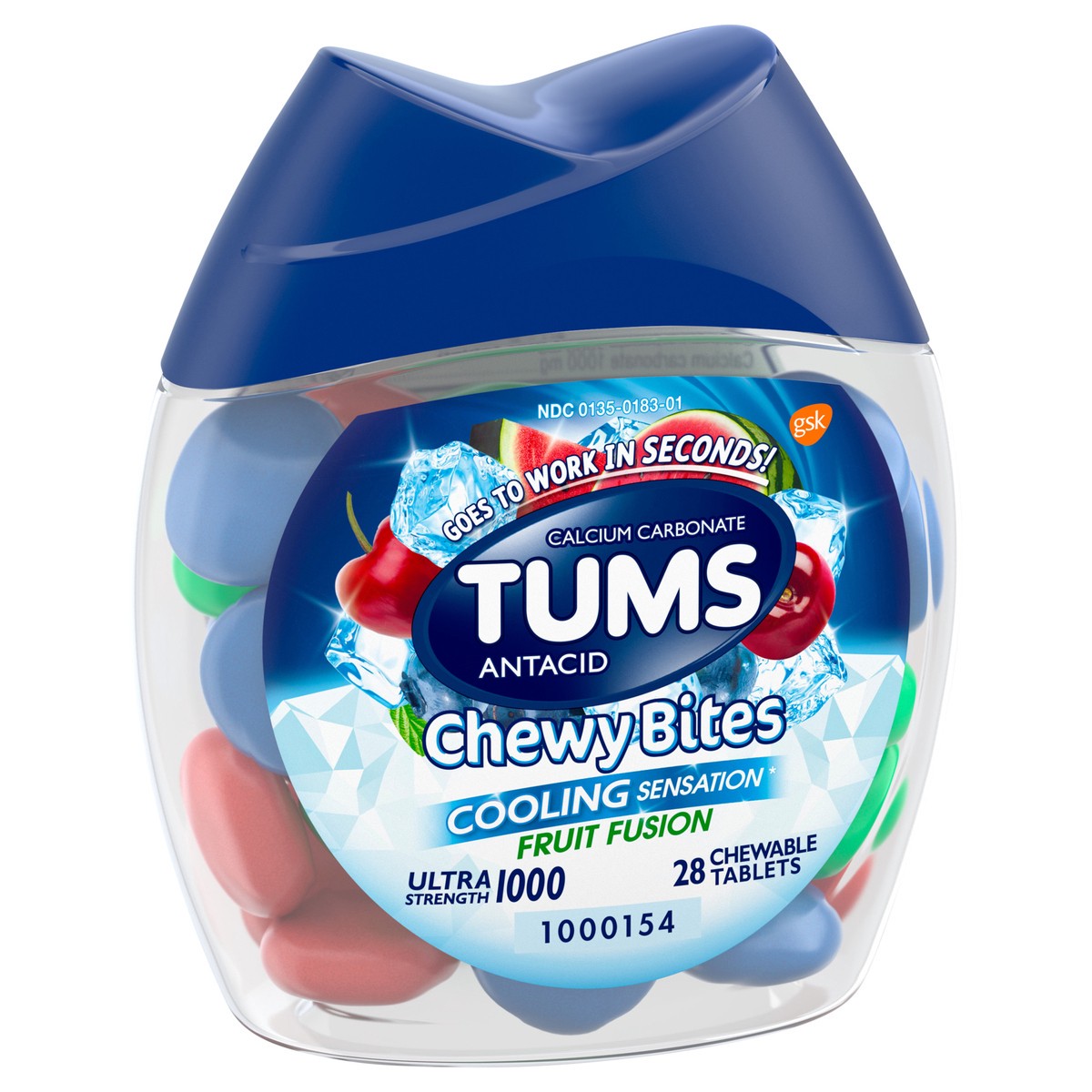 slide 2 of 9, TUMS Chewy Bites Cooling Sensation Antacid Chews for Ultra Strength Heartburn Relief, Fruit Fusion - 28 Count, 28 ct