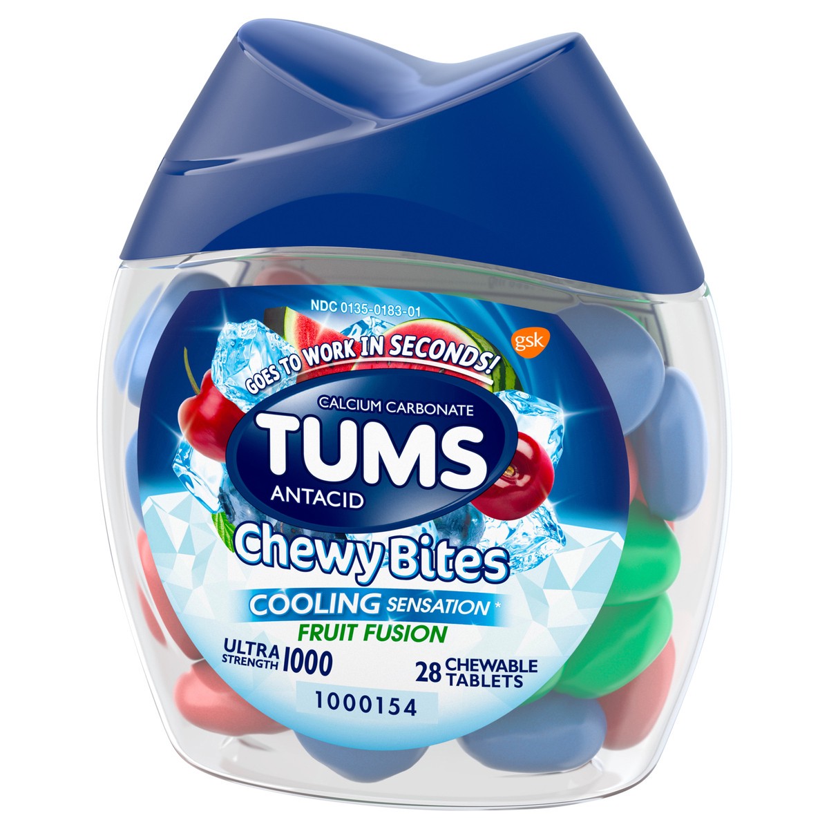 slide 3 of 9, TUMS Chewy Bites Cooling Sensation Antacid Chews for Ultra Strength Heartburn Relief, Fruit Fusion - 28 Count, 28 ct