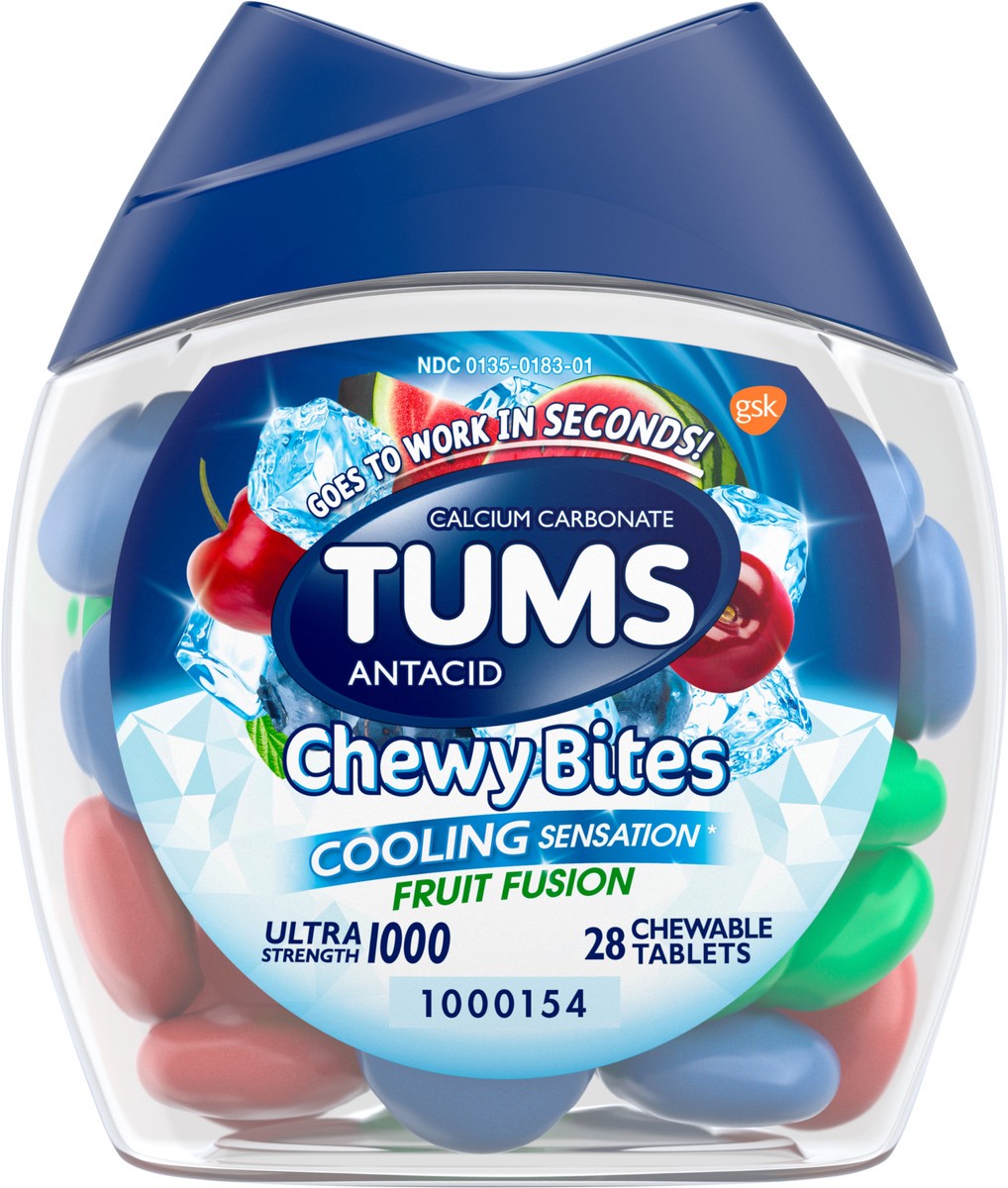 slide 5 of 9, TUMS Chewy Bites Cooling Sensation Antacid Chews for Ultra Strength Heartburn Relief, Fruit Fusion - 28 Count, 28 ct