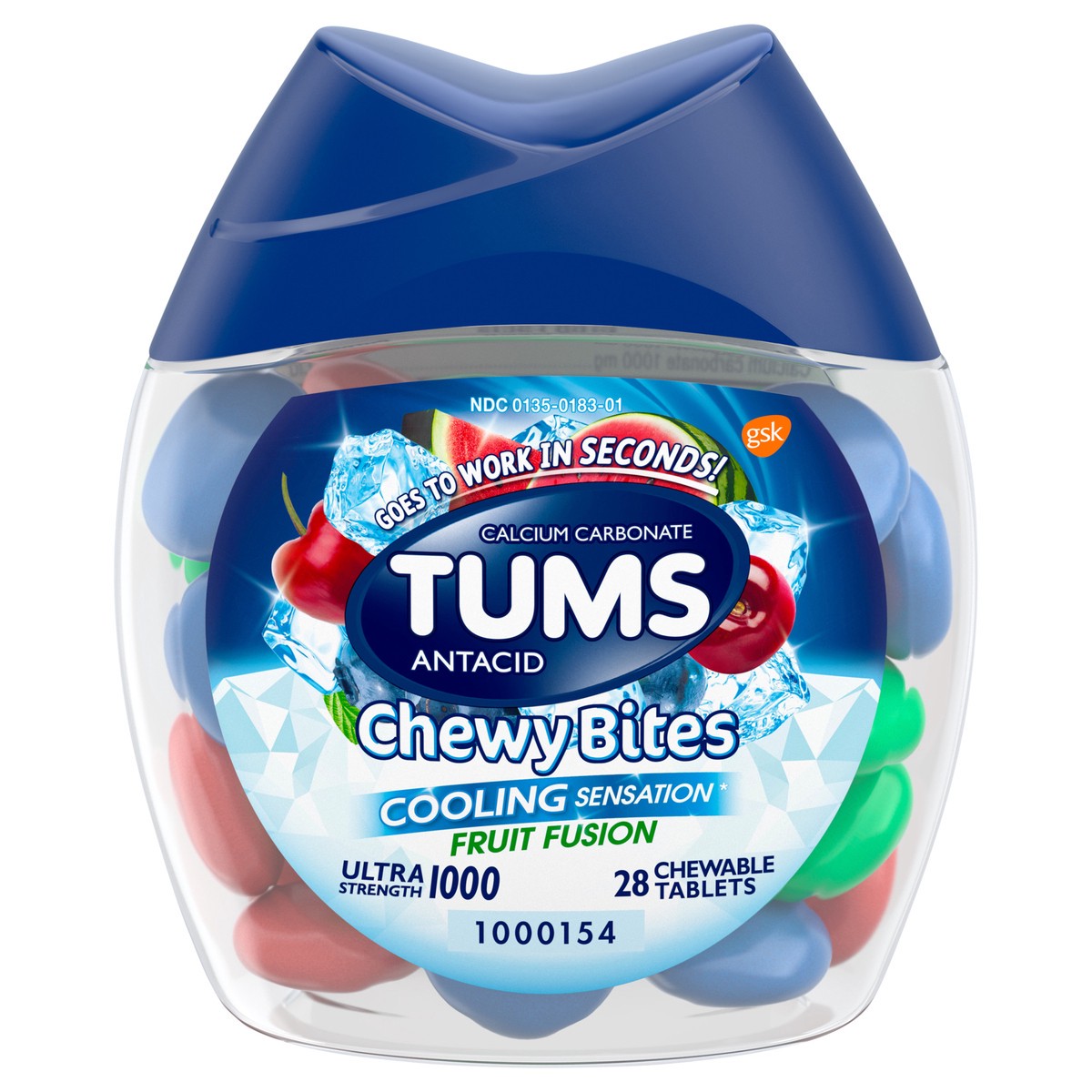 slide 1 of 9, TUMS Chewy Bites Cooling Sensation Antacid Chews for Ultra Strength Heartburn Relief, Fruit Fusion - 28 Count, 28 ct