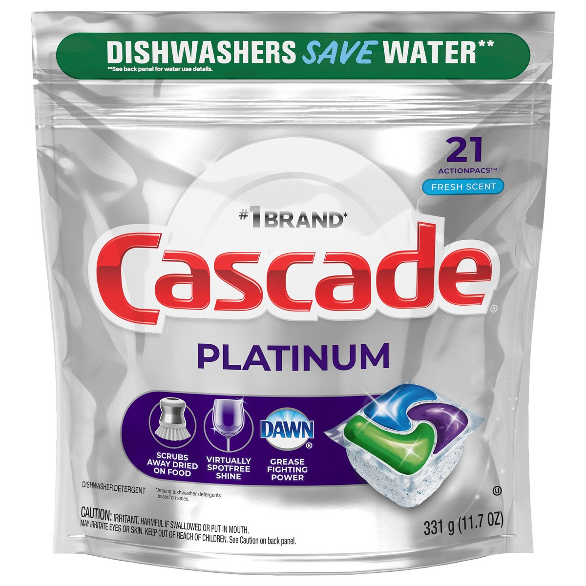 slide 1 of 3, Cascade Platinum ActionPacs Dishwasher Detergent Pods, Fresh, 21 Count, 21 ct