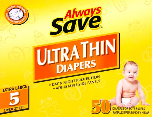 slide 1 of 1, Always Save Ultra Thin Conv Box Diapers Size 5, 50 ct