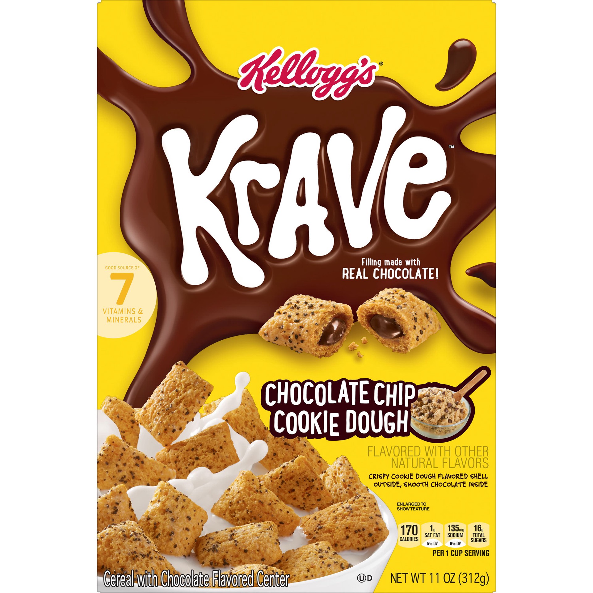 slide 3 of 5, Krave Kellogg's Krave Breakfast Cereal, 7 Vitamins and Minerals, Kids Snacks, Chocolate Chip Cookie Dough, 11oz Box, 1 Box, 11 oz