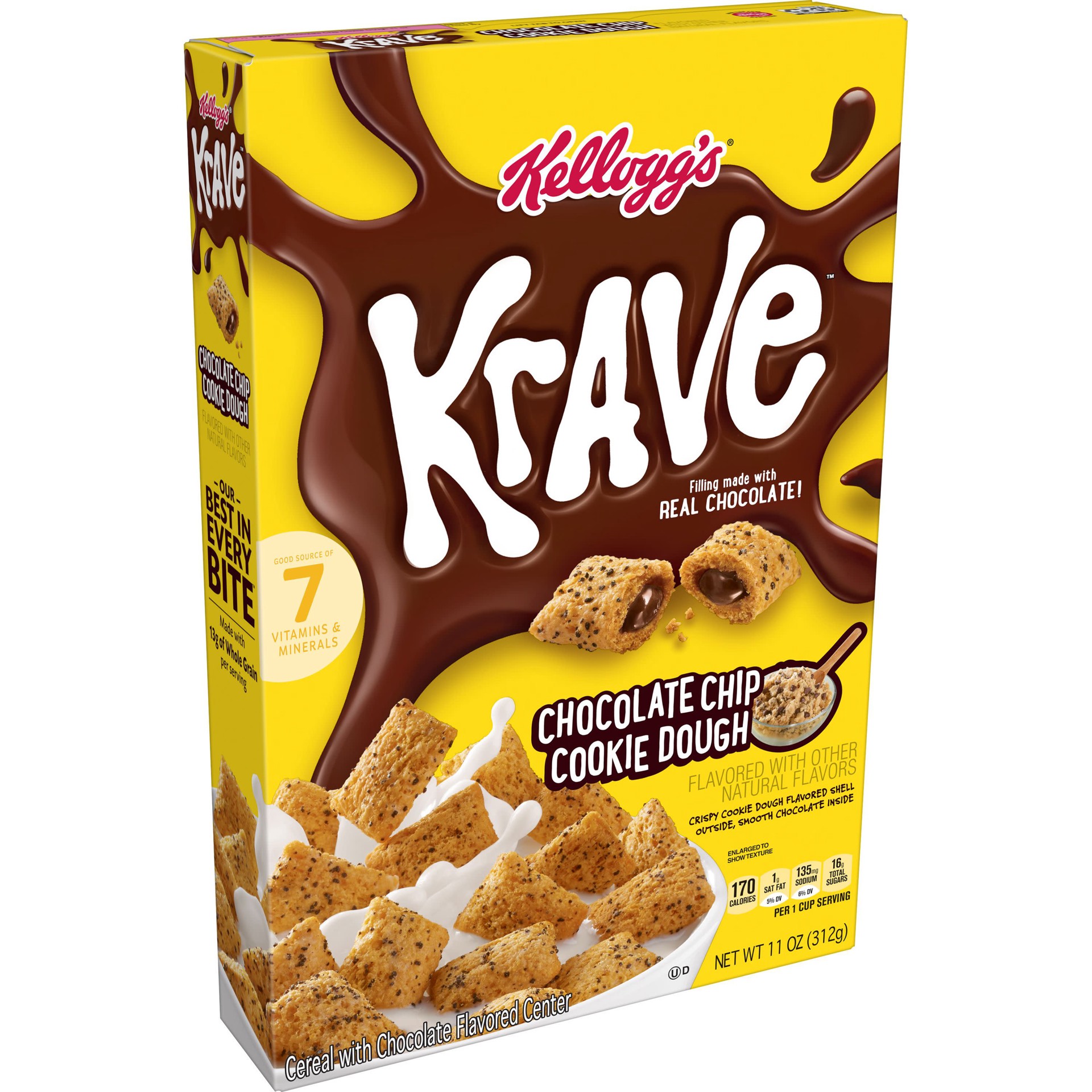 slide 1 of 5, Krave Kellogg's Krave Breakfast Cereal, 7 Vitamins and Minerals, Kids Snacks, Chocolate Chip Cookie Dough, 11oz Box, 1 Box, 11 oz