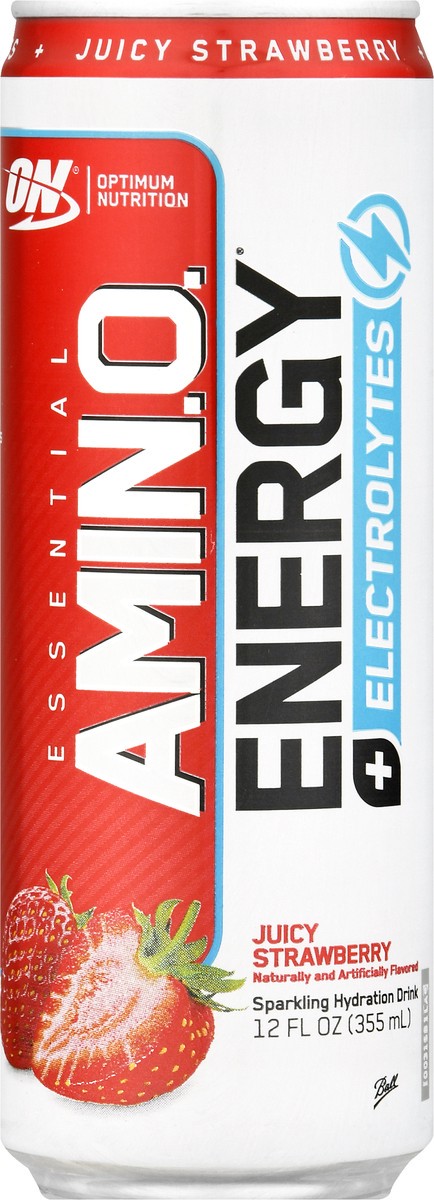 slide 3 of 9, Optimum Nutrition Essential Amin.O. Energy + Electrolytes Sparkling Juicy Strawberry Flavor Hydration Drink 12 fl oz, 12 fl oz