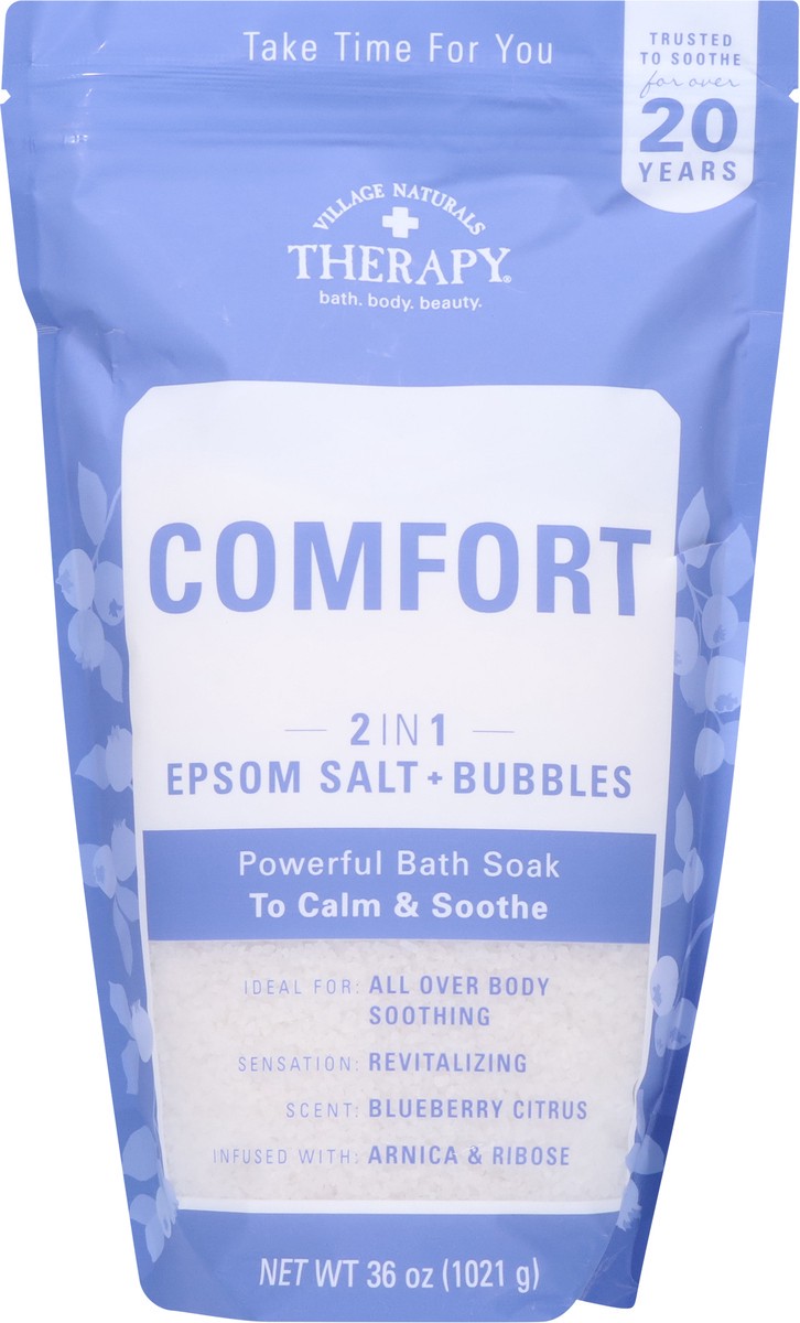 slide 3 of 13, Village Naturals Therapy Comfort 2 in 1 Epsom Salt + Bubbles Blueberry Citrus Bath Soak 36 oz, 36 oz