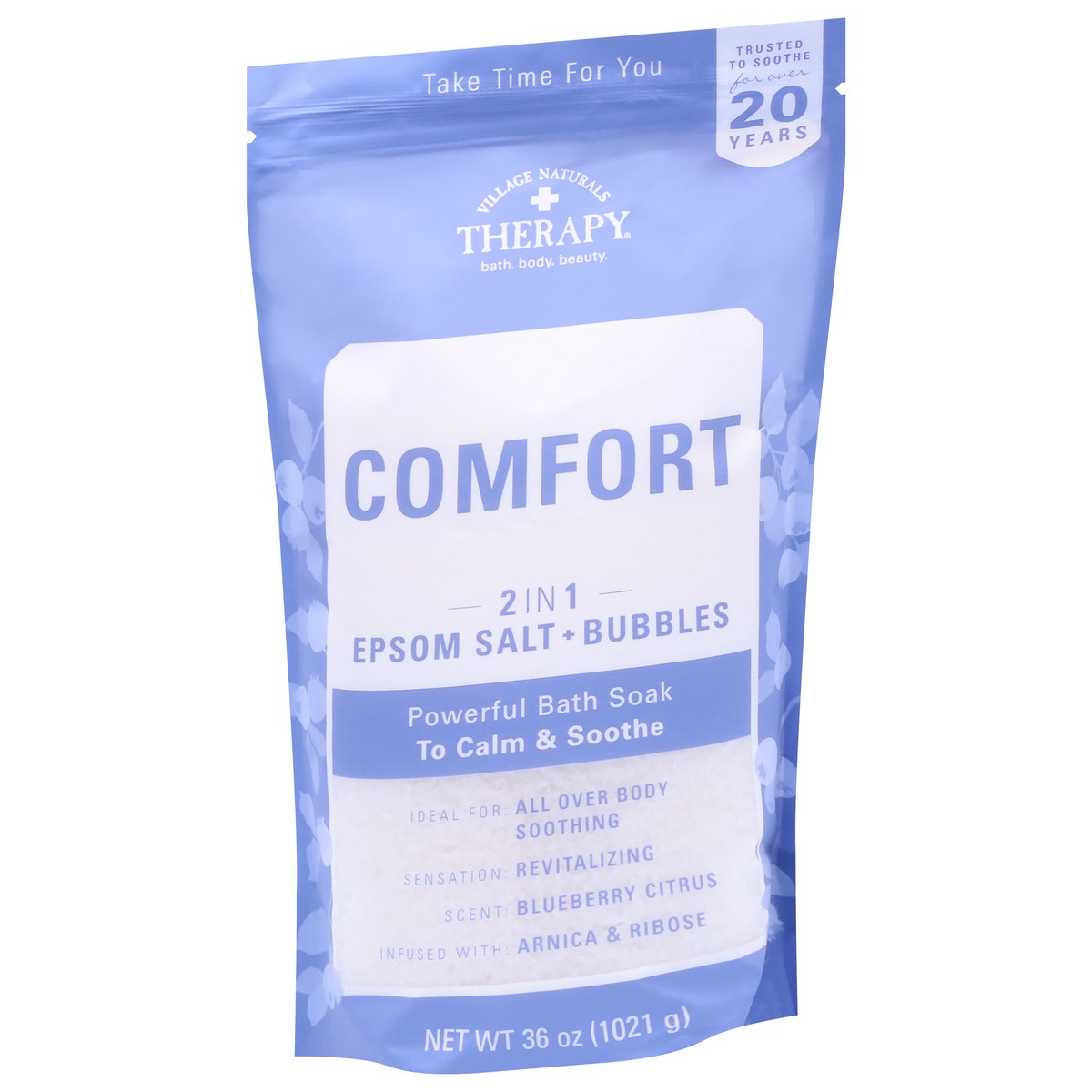 slide 2 of 13, Village Naturals Therapy Comfort 2 in 1 Epsom Salt + Bubbles Blueberry Citrus Bath Soak 36 oz, 36 oz