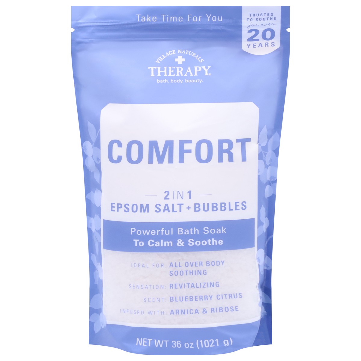 slide 11 of 13, Village Naturals Therapy Comfort 2 in 1 Epsom Salt + Bubbles Blueberry Citrus Bath Soak 36 oz, 36 oz